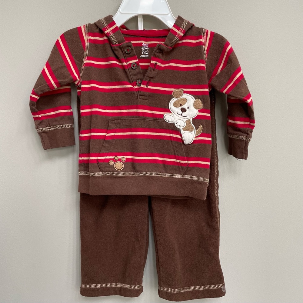 Carter's “Puppy Love” Brown and Red Striped Matching Hoodie & Pants Set